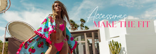 Accessories Make The Fit - Model is wearing the Evie Bralette Top + Evie Skimpy Bottom in Influencer Pink + Garden of Eden Turquoise Beach Towel