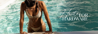 Haute for Hardware - Model is wearing the Emerson Halter Top + Emerson Full Bottom in Seychelles