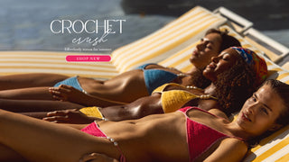 Three women in bikinis lying on a yellow inflatable raft with 'Crochet Crush' branding.