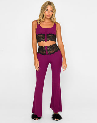 Anise Lounge Pant in Oxblood with Delicate Lace Trim - Front View