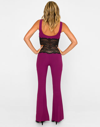 Anise Lounge Pant in Oxblood with Delicate Lace Trim - Alternate Back View