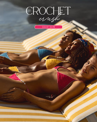 Three women in colorful crochet bikinis lying on a striped float with 'Crochet Crush' text.