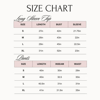 Size chart for long sleeve tops and pants on a white background
