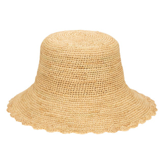 Tan crochet bucket hat with a scalloped brim. 