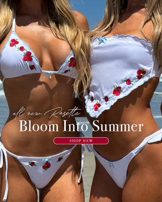 Models wearing rose bikinis. bloom into summer shop new. 