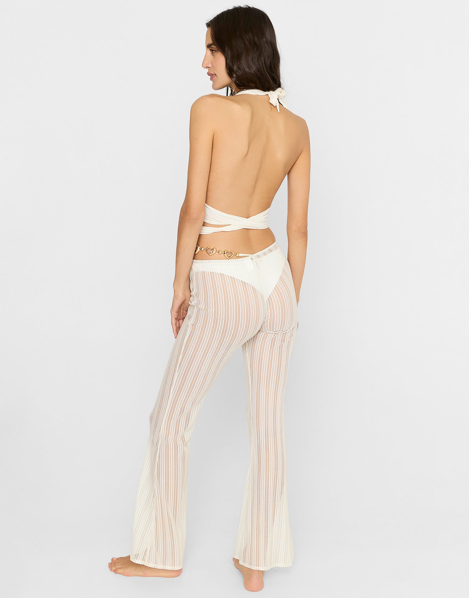 Saddie Mesh Wrap Top Cover Up in White/Gold - Back View
