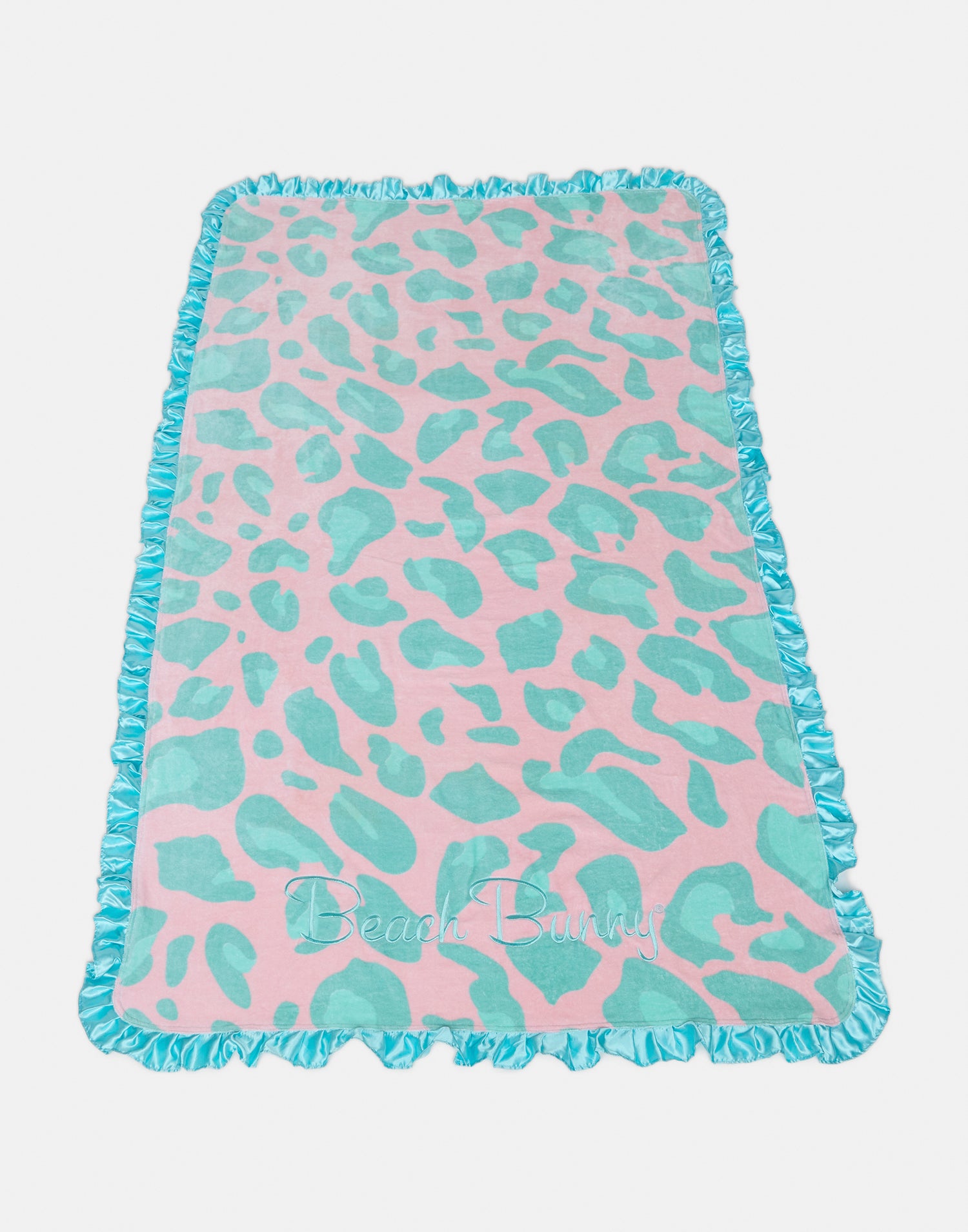 Cherry Blossom Aqua Leopard Beach Towel with Aqua Ruffle Trim - Product View