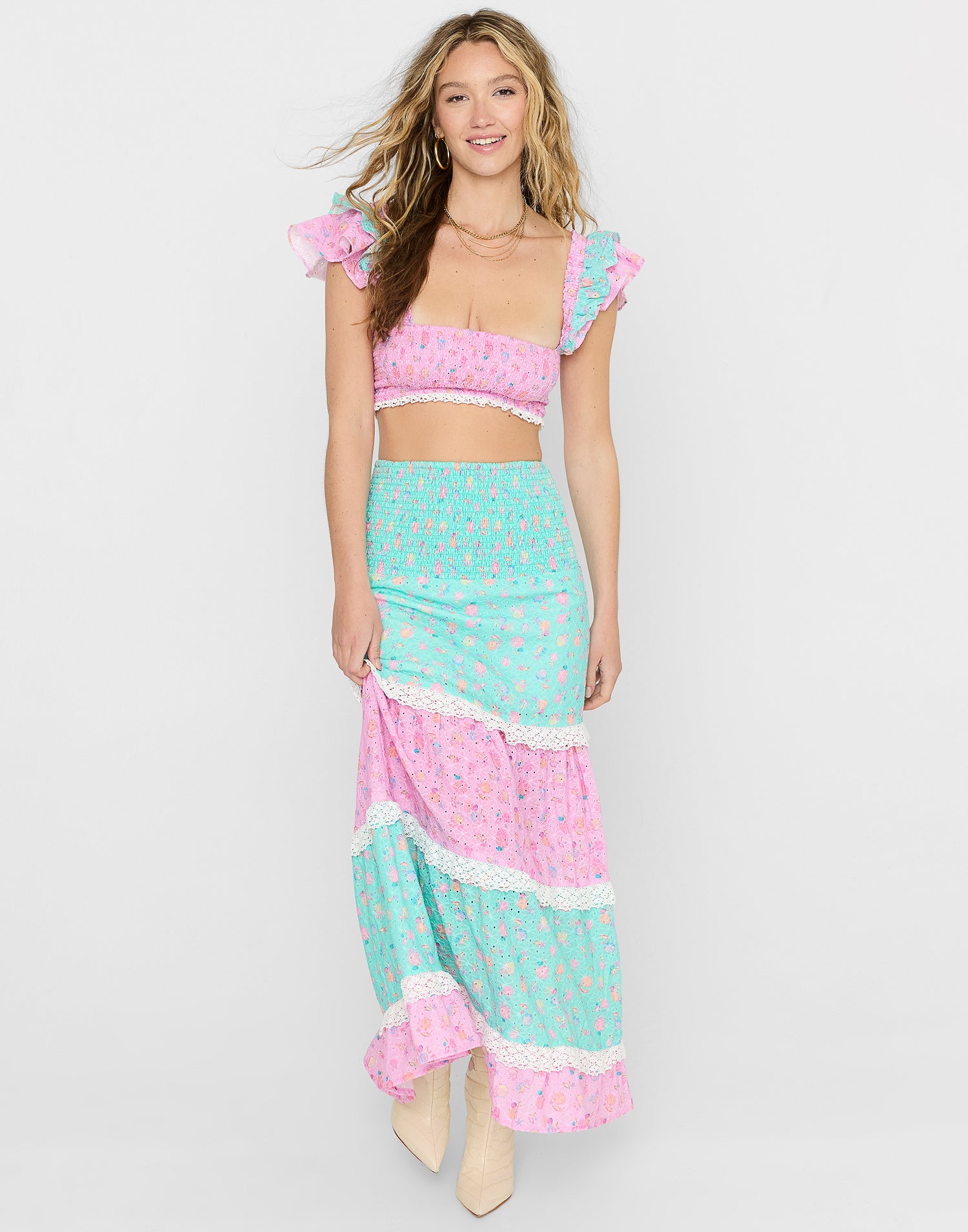 Everette Maxi Skirt in Pink Ditsy Shell with Smocked High Waistband & Crochet Trims - Front View