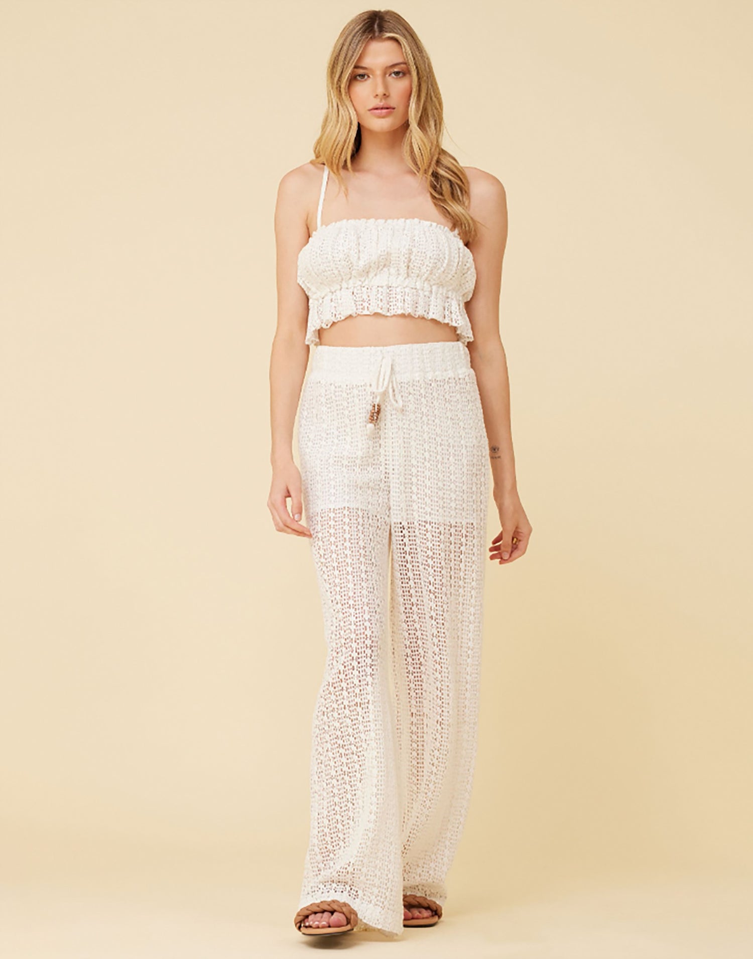Vertical Stripe Crochet Surplice Crop Top by Surf Gypsy in White - Front View