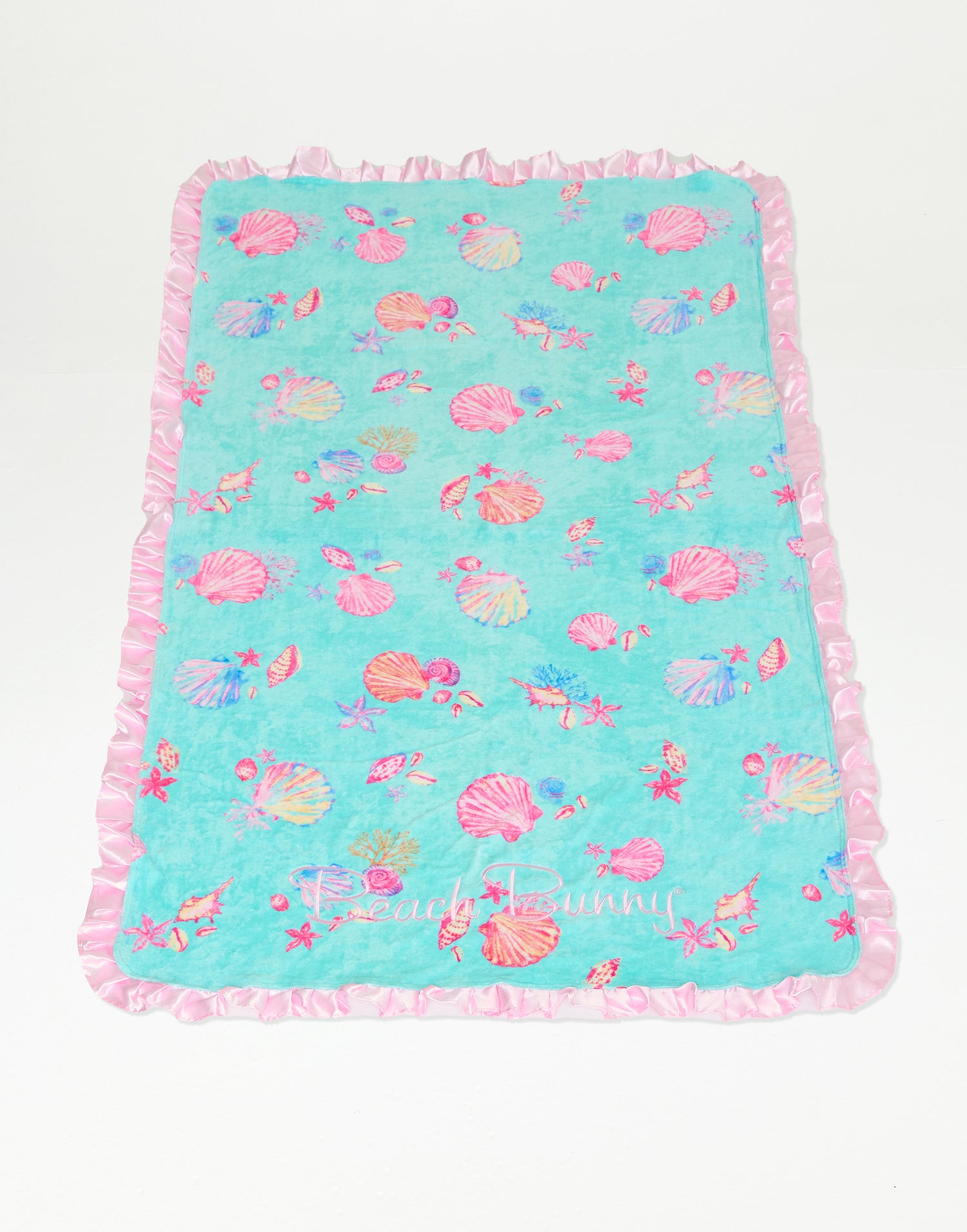 Blue Ditsy Shell Beach Towel with Pink Ruffle Trim - Product View